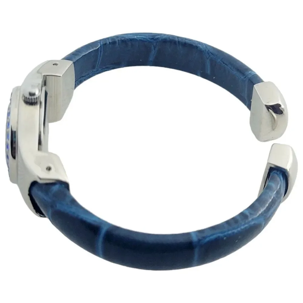 Miyota Quartz Women Watch Cobalt Blue Rhinestone Crystal Face Silver Cuff‎ Band